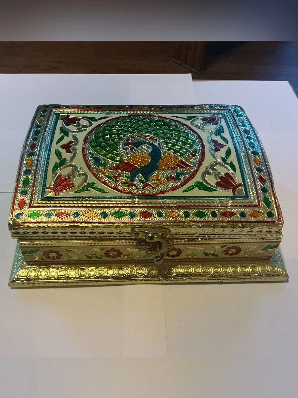 Traditional Indian Meenakari Style Decorative Box, 9” by 7” by 2.5”